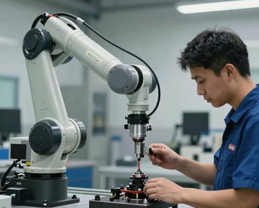 Collaborative robot arm (cobot) working alongside a technician in a modern workshop. Focus on safety and innovation.