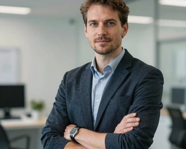 Portrait of a technical project manager in a clean industrial environment. Confident expression, professional attire, Central European context.