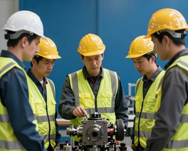 Group of engineers gathered around a large machine base in a workshop, discussing technical details. Central European setting, professional safety gear, steel blue background.