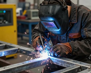 Welder working on a stainless steel frame with blue sparks. High quality industrial photography emphasizing craftsmanship and technical skill.