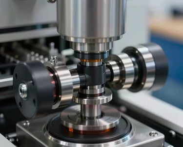Close-up of a high-speed cam mechanism in a packaging machine. High-speed photography capturing motion blur of polished steel components.
