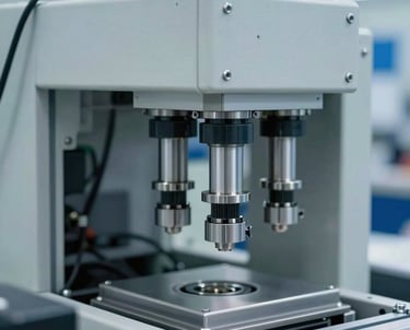 Detail of an automated assembly line with sensors and pneumatic cylinders. High-tech and clean aesthetic, lighting in light gray and steel blue.