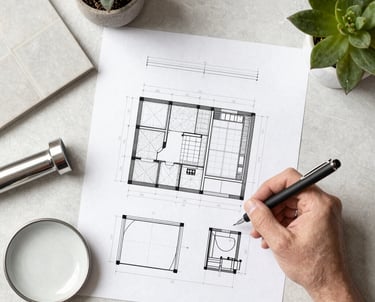 A designer sketching a modern bathroom layout with detailed notes.