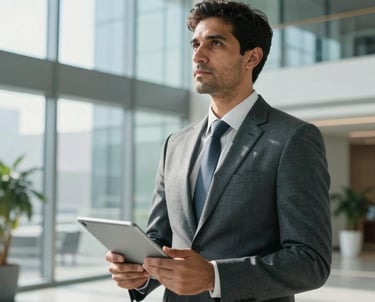 Corporate portrait of a male professional executive in a smart tailored suit, holding a tablet, standing in a bright European and Gulf Cooperation Council (GCC) office lobby with glass walls. Natural professional lighting, slate blue tones.
