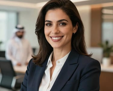 Professional headshot of a female business advisor in elegant formal attire, smiling confidently, set against a blurred background of a modern European and Gulf Cooperation Council (GCC) corporate office. Warm soft focus lighting, clean aesthetic.