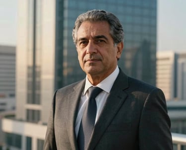 Corporate headshot of a senior male executive in a sharp business suit, looking forward with confidence, inside a modern high-rise office in a European and Gulf Cooperation Council (GCC) financial hub. Warm natural light, off-white and dark blue background.