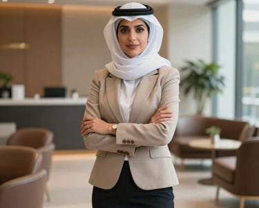Professional portrait of a female operations manager standing confidently in a sophisticated corporate lounge, presenting a European and Gulf Cooperation Council (GCC) business style. Balanced daylight, refined and warm composition.
