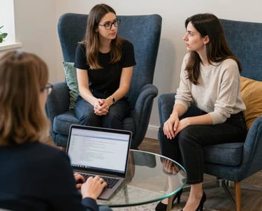 A warm and inviting portrait of Rowena Temple in a cozy, softly lit therapy room.