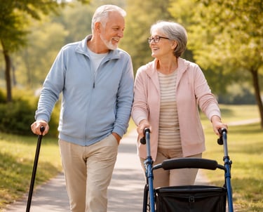Un senior utilisant une canne et une senior avec un déambulateur, illustrant les aides à la mobilité