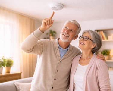 Un homme montrant un détecteur de fumée à une femme âgée, illustrant les équipements de sécurité ess