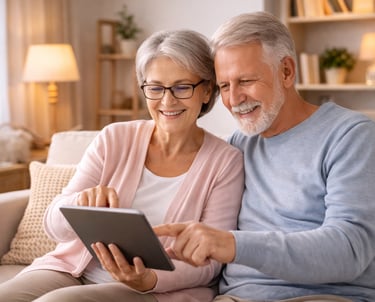 Deux seniors consultant une tablette numérique, exemples de technologies et aides connectées pour se