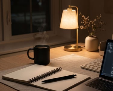Late night workspace with laptop and notebook representing building income beyond the chair