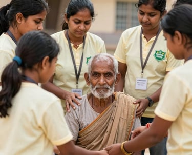 A group of volunteers warmly interacting with local families in an Indian village.