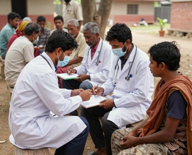 A group of volunteers warmly interacting with local families in an Indian village.