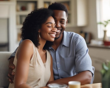 A warm, welcoming family sitting together in their living room, smiling and relaxed.