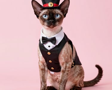 Un gato Cornish Rex marrón con ojos azules que lleva un chaleco y un sombrero de esmoquin negro