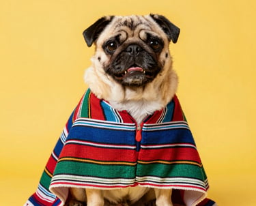 Un adorable perro pug con un colorido poncho mexicano a rayas, sentado sobre un fondo amarillo