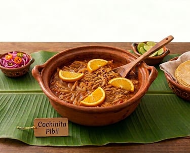 Cochinita pibil tradicional mexicana servida en un tazón de barro sobre una hoja de plátano 