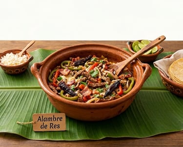 Auténtico Alambre de Res mexicano, preparado en sartén con carne, pimientos y queso, 
