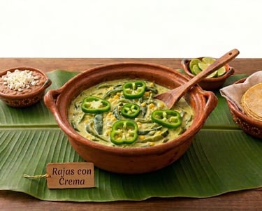 Rajas con crema cremosas con chiles poblanos y maíz, servidas en una olla de barro con tortillas 