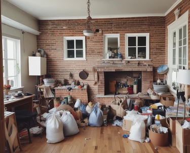 A tidy living room after a full house clearance with neatly stacked furniture ready for removal.