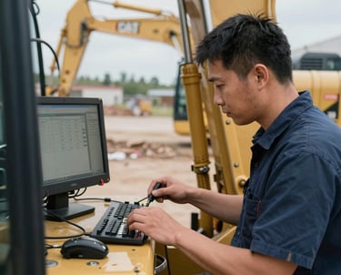 Technician performing equipment diagnostics at a construction site with black and yellow Caterpillar-themed background.