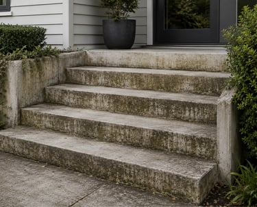 Weathered concrete outdoor stairs leading to a modern house entrance with a black door.
