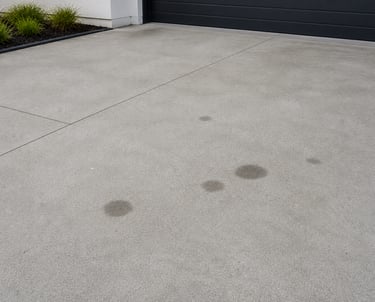 Dark oil stains on a light gray concrete driveway in front of a modern residential garage.