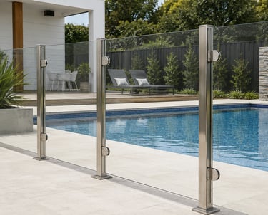 Modern frameless glass pool fencing with stainless steel posts around a backyard swimming pool.