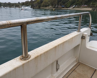 Rust stains and corrosion on a boat's stainless steel railing and white fiberglass deck.