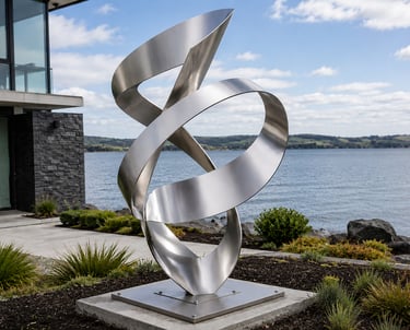 Modern abstract stainless steel outdoor sculpture on a waterfront garden pedestal.