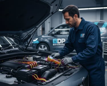 Técnico de BDP Baterías en uniforme azul marino, utilizando un multímetro para diagnosticar la bater