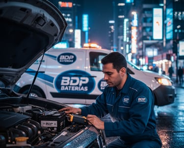 Técnico de BDP Baterías en uniforme azul marino, instalando una batería de auto en la Ciudad de Pana