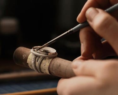 Joyero artesano pintando a mano un anillo de plata en un mandril de madera utilizando un pincel de p