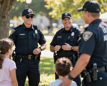 A warm, welcoming photo of Aurora police officers engaging with local families at a community event in a sunny park.