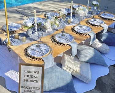 Gathered Grace Picnic Co luxury picnic by the pool Bridal Brunch Blue Willow theme Blue & White 