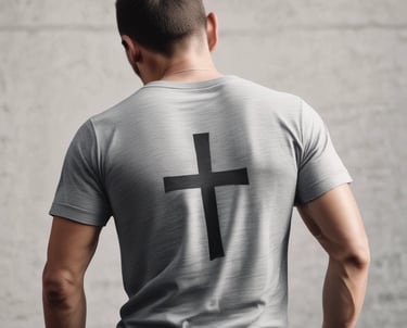 Man wearing grey cross t-shirt - Battle 1 Christian Print-On-Demand apparel