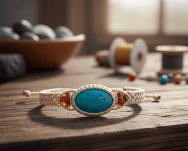 Pulsera hecha con técnica de macramé con piedra azul al centro.