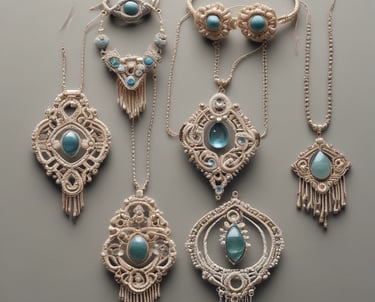 Joyería hecha de macramé en tonos blancos y piedras azules.