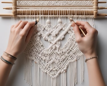 Manos de artesana haciendo una artesanía de macramé en un fondo blanco,