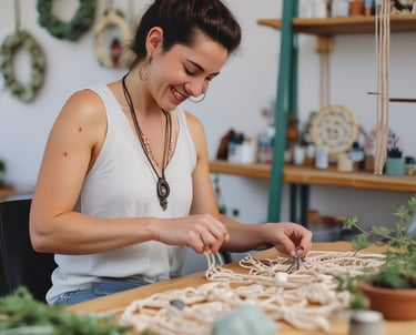 Artesana realizando joyería de macramé en un taller.