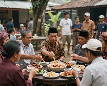 A group of community members in traditional Javanese attire gathered around a donation box during a cultural event.