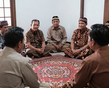 A lively community gathering with traditional Javanese decorations and smiling members.