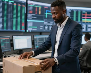 Professional buyer inspecting products in a modern factory setting.