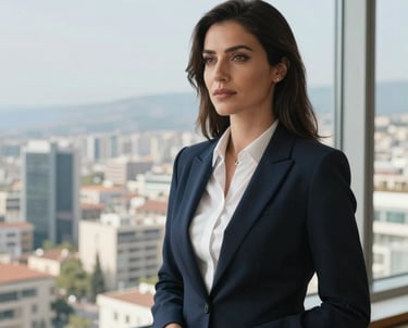 A portrait of a female travel coordinator in professional attire, looking ready to assist, with a modern Antalya city view through the window.