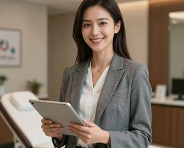 A portrait of a professional female patient coordinator in smart business attire, holding a tablet and smiling warmly in a luxury medical office setting.