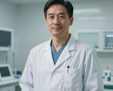 A portrait of a professional male medical surgeon in a clean white coat, standing in a brightly lit modern clinic with a calm and trustworthy expression.