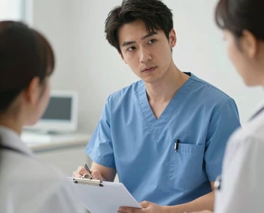 A portrait of a male aesthetic specialist in medical scrubs, focusing on a consultation chart in a bright, high-tech clinical environment.