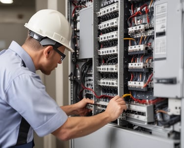 Electrician installing wiring in a modern residential building with black and gold accents.