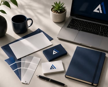 Professional branding workspace with logo design and business identity